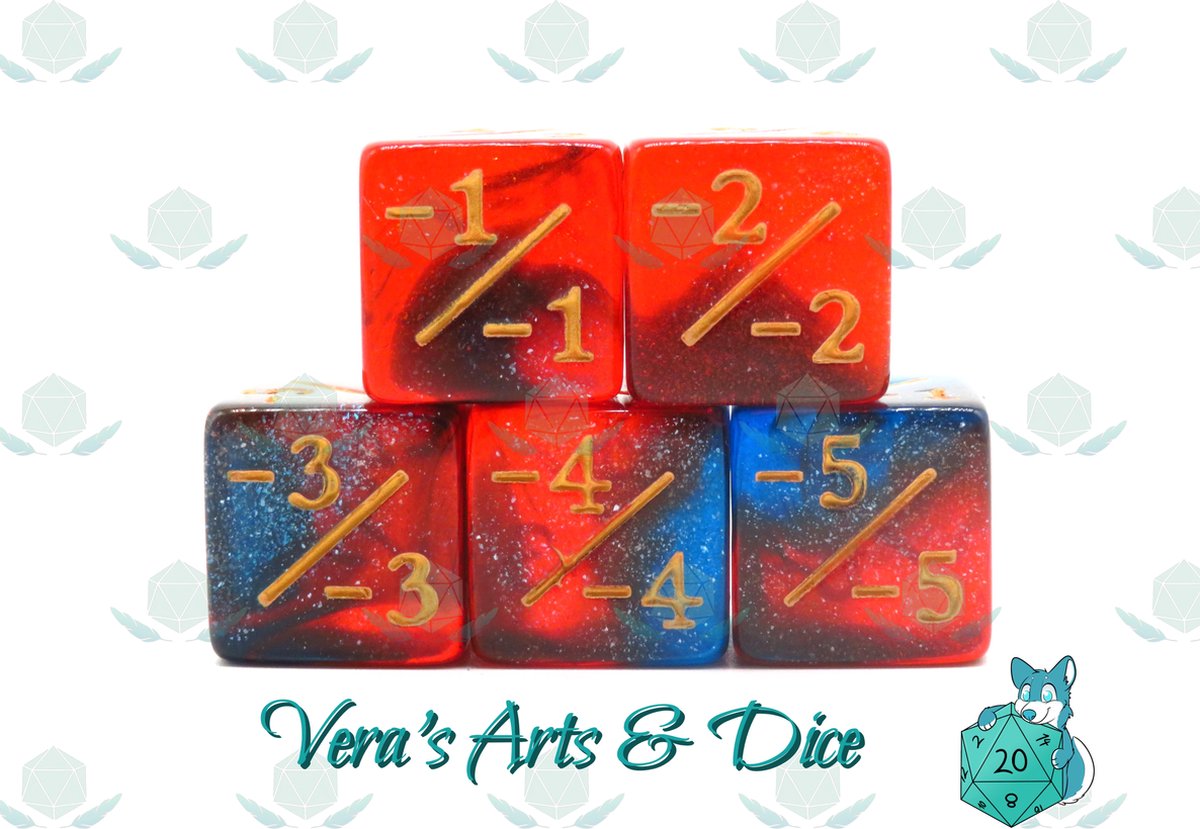 5D6s Counter Dice Light Years Away | Dobbelstenen - Set Van 5 Stuks - Transparant Blauw en Rood met Glitters en met -1, -2, -3, -4, -5, en -6 in Goud | D&D en Rollenspellen | Plastic Dobbelstenen Set Dungeons and Dragons | Zwarte Velvet Dice Bag